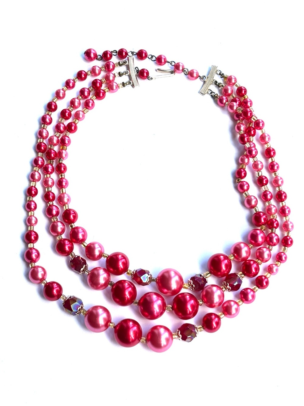 Vintage 1950s Japan Triple Strand Pink Red Beaded Necklace AB Crystal